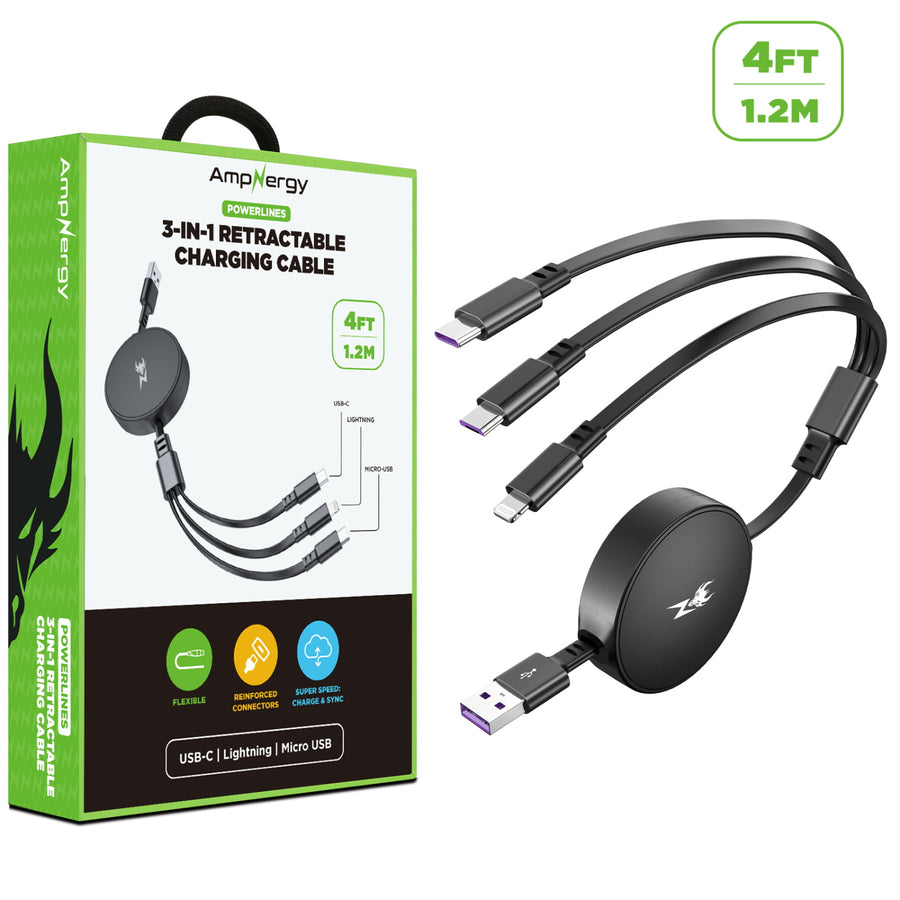 AmpNergy PowerLines 3-in-1 Retractable Charging Cable - 4FT - Black