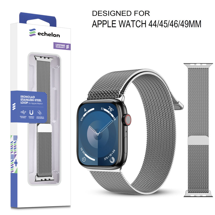 echelon Ironclad Stainless Steel Loop for Apple Watch Series 9 45mm/Watch Series 10 46mm / Watch SE 3 44mm - Silver