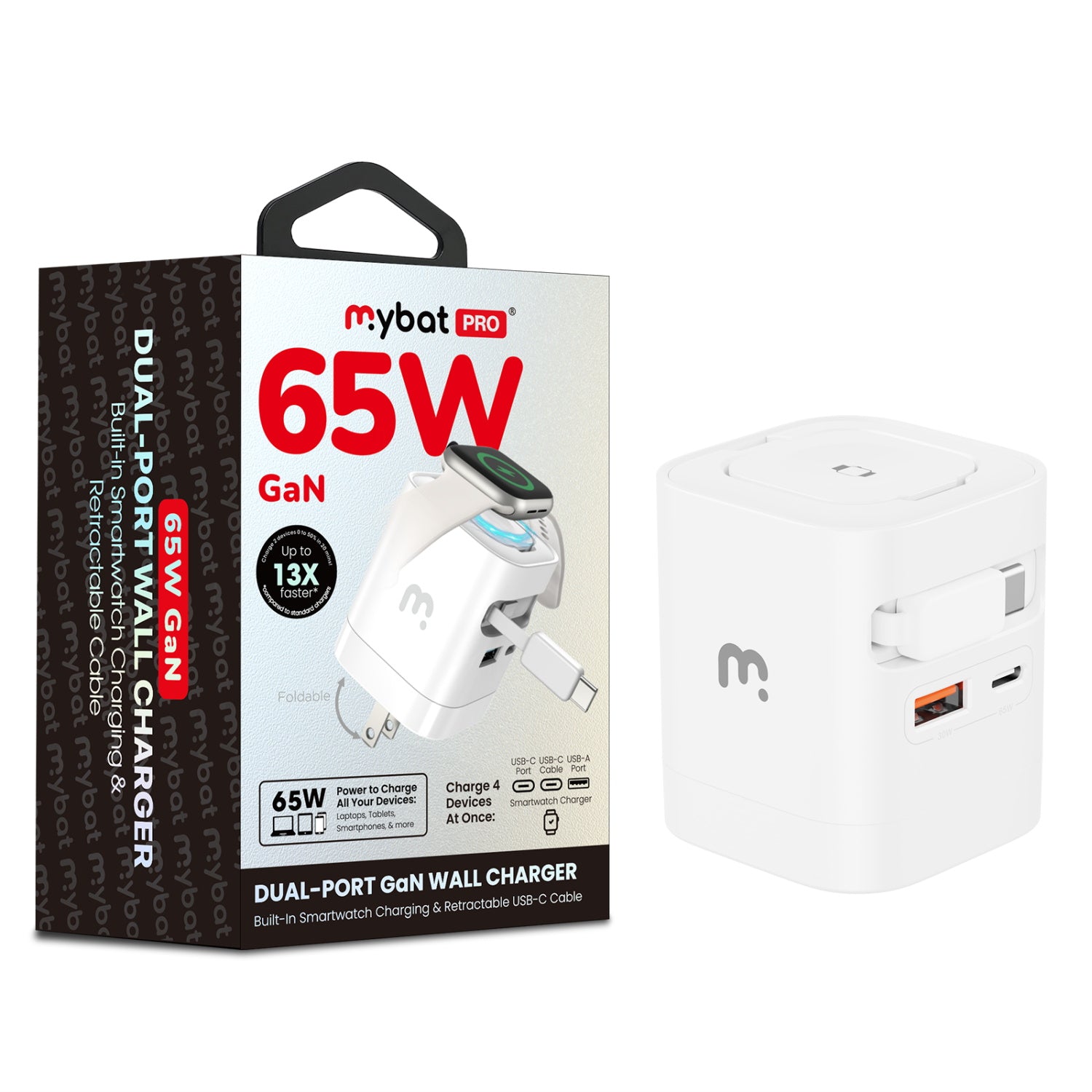 MyBat Pro 65W Dual-Port GaN Wall Charger + Built-In Smartwatch Charging & Retractable USB-C Cable - White