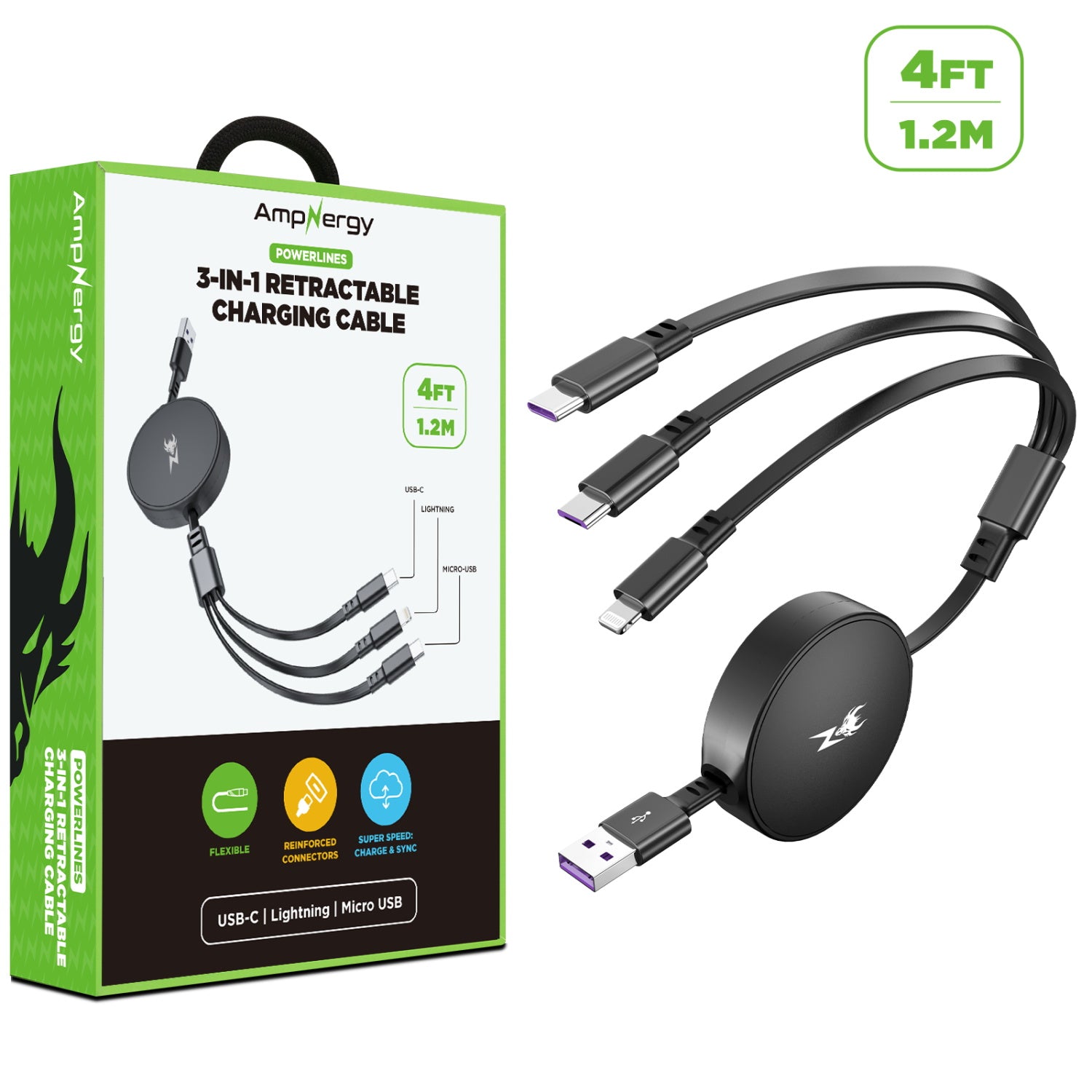 AmpNergy PowerLines 3-in-1 Retractable Charging Cable - 4FT - Black