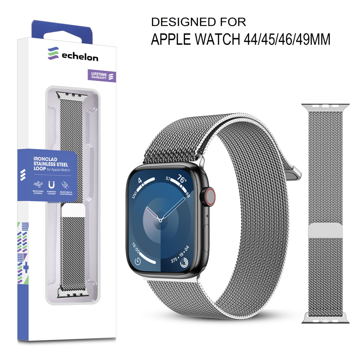 echelon Ironclad Stainless Steel Loop for Apple Watch Series 9 45mm/Watch Series 10 46mm / Watch SE 3 44mm - Silver