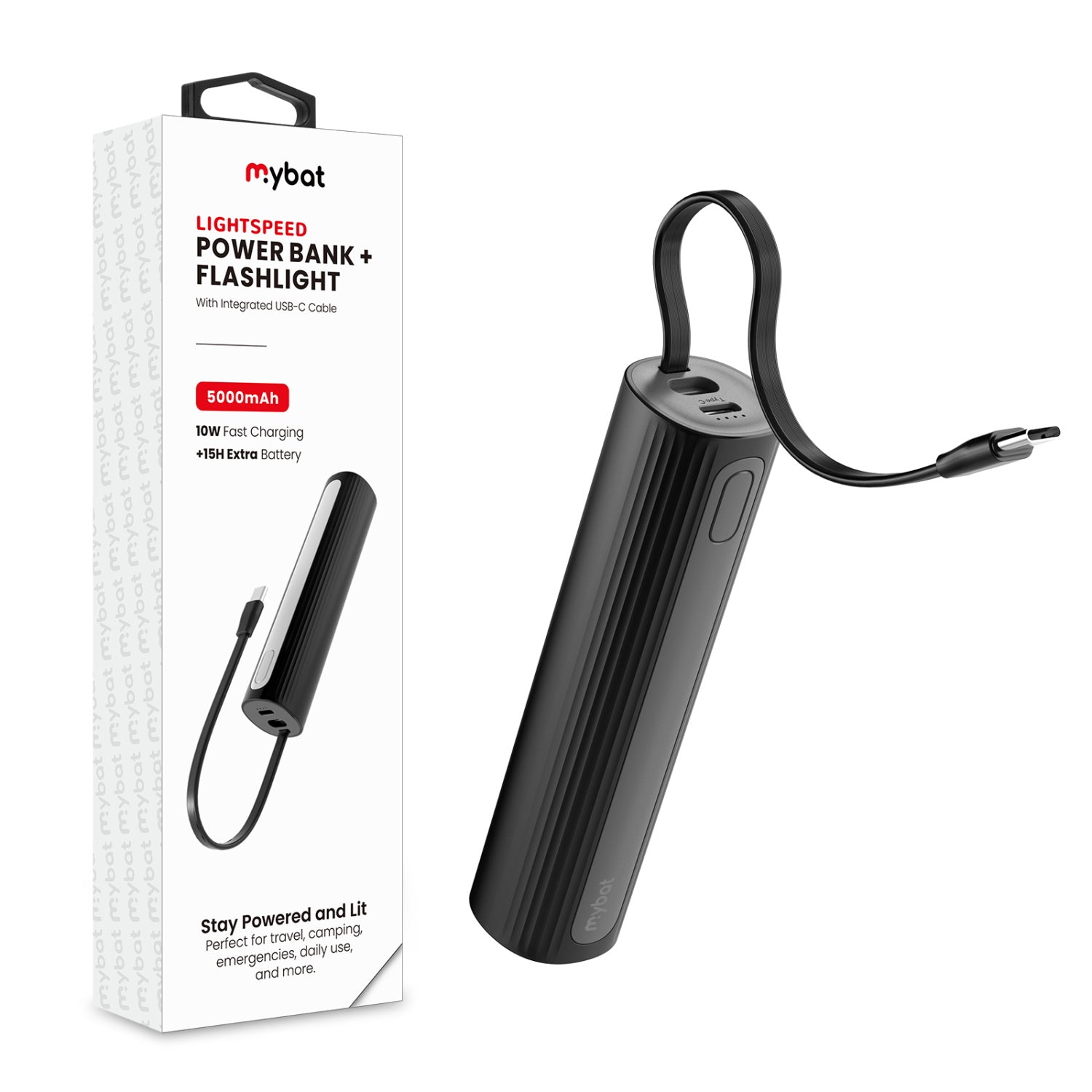 MyBat LightSpeed 5000 mAh Power Bank + Flashlight - Black