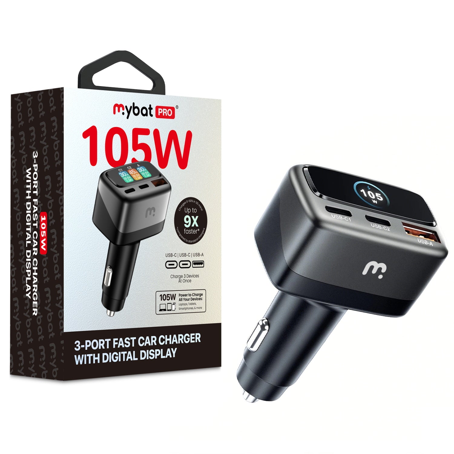 MyBat Pro 105W 3-Port Fast Car Charger with Digital Display - Black