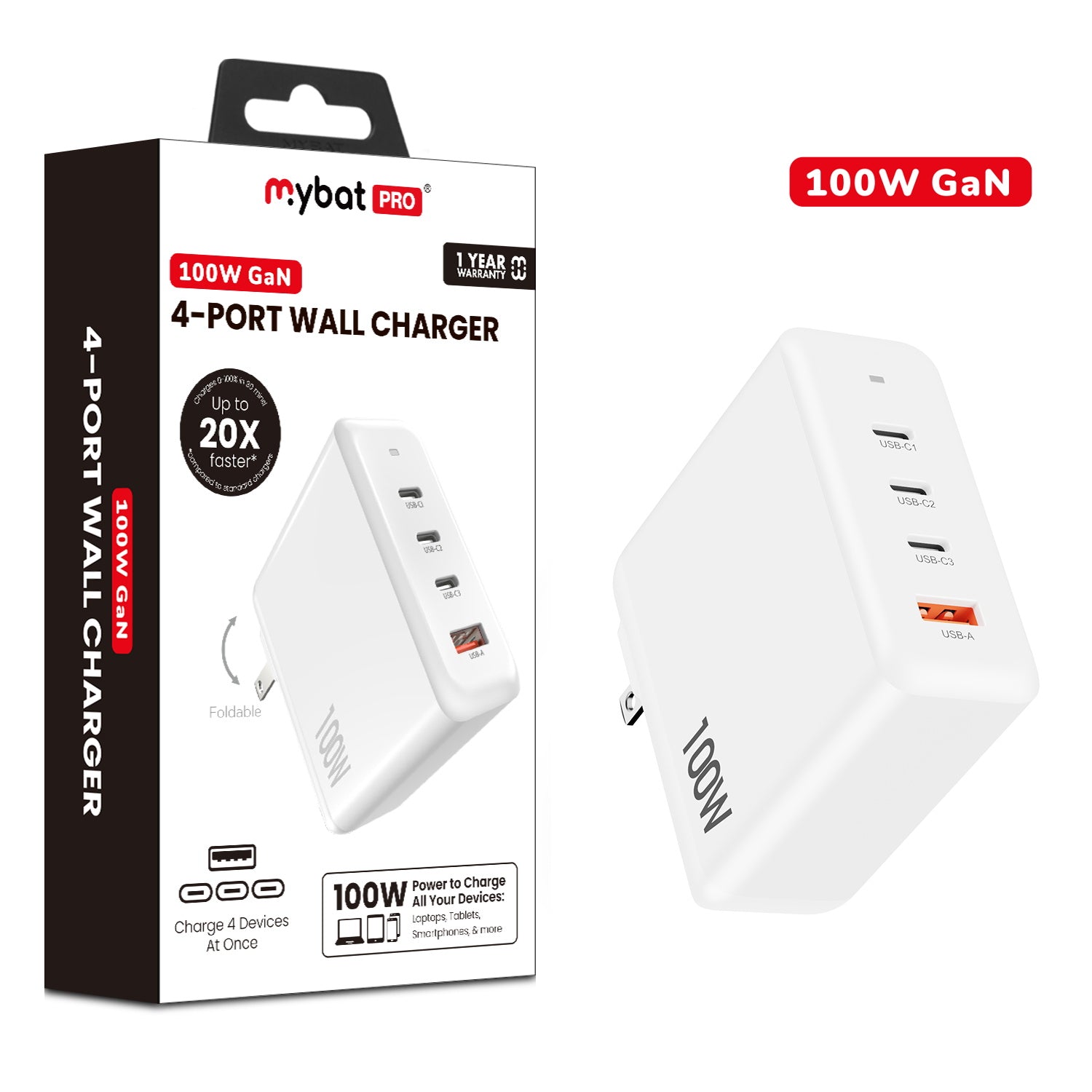 MyBat Pro 100W GaN 4-Port Foldable Wall Charger - White