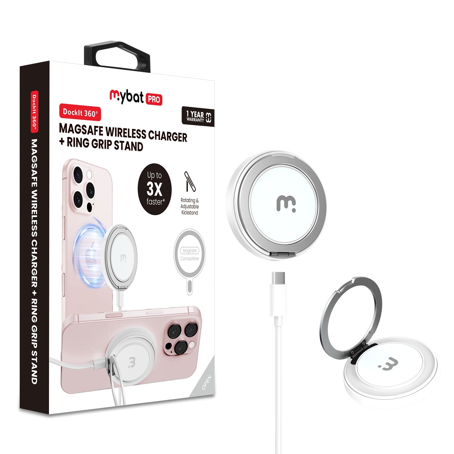 MyBat Pro DockIt 360° MagSafe Wireless Charger + Ring Grip Stand - White